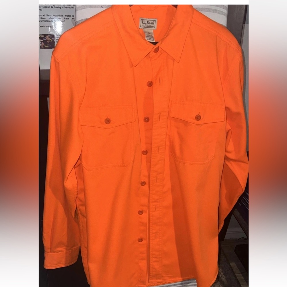 L.L. Bean Mens Shirt L Blaze Orange Nylon Flap Pocket Epaulette Fishing Hunting